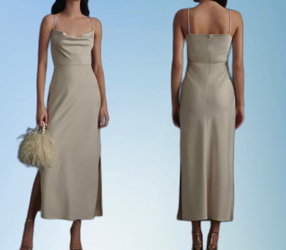 BHLDN Cali Matte Satin Midi Slip Dress Champagne Size 10 Side Slits